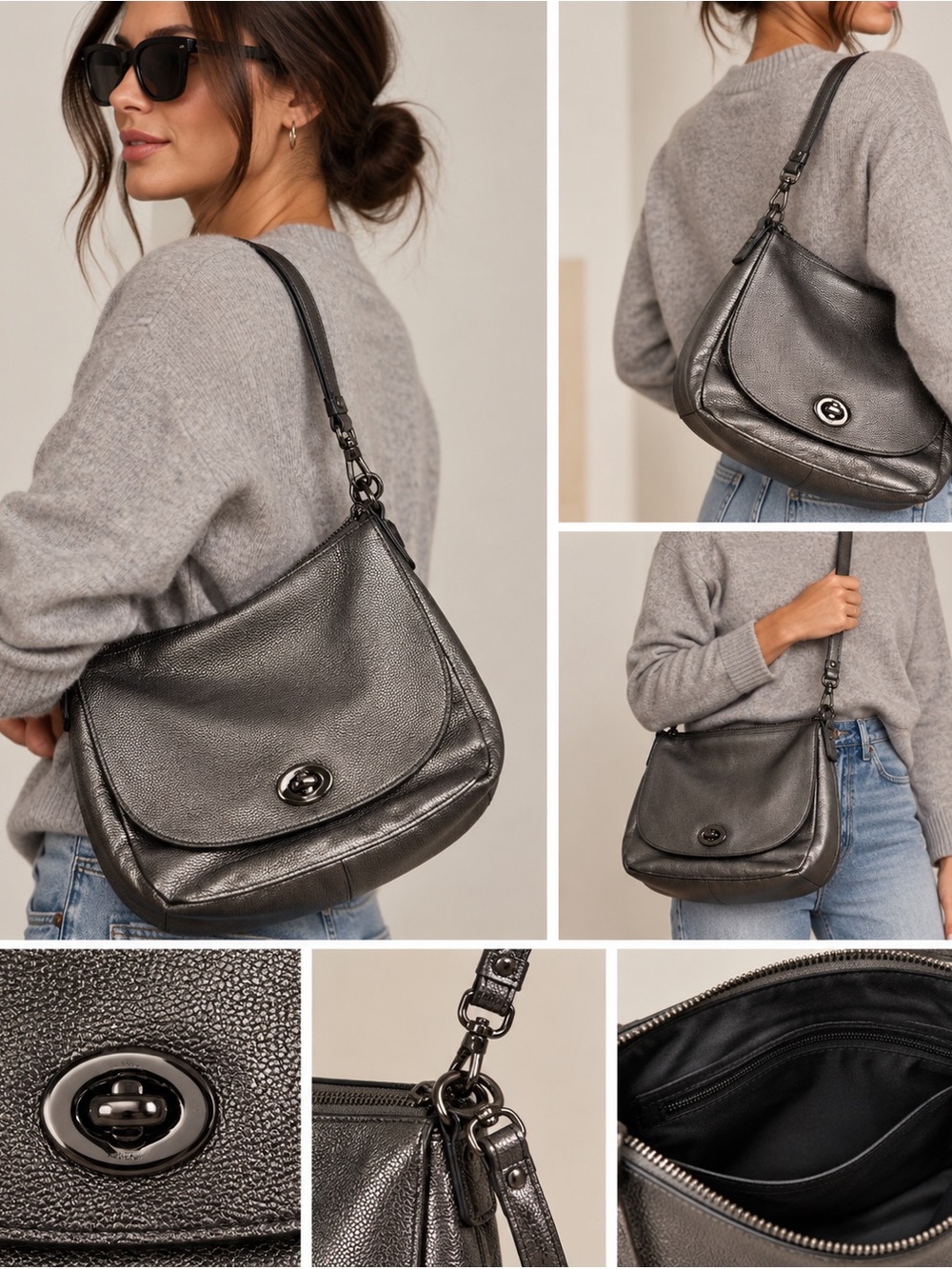 72. Coach Turnlock Hobo 36762 Metallic Gunmetal Pebbled Leather Shoulder Bag